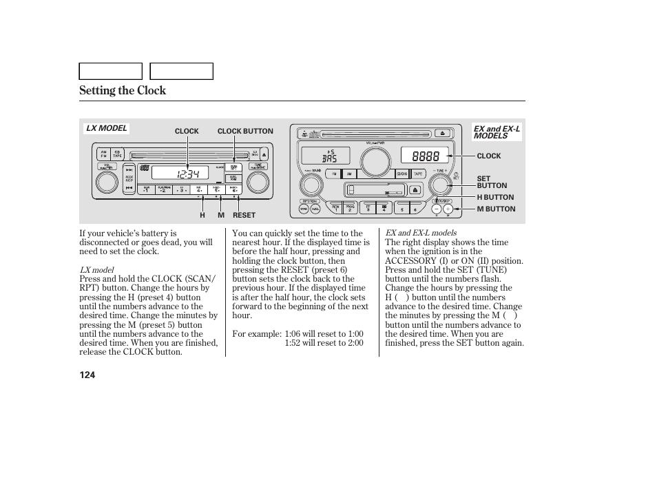 Setting the clock | HONDA 2005 Pilot - Owner's Manual User Manual | Page 126 / 273