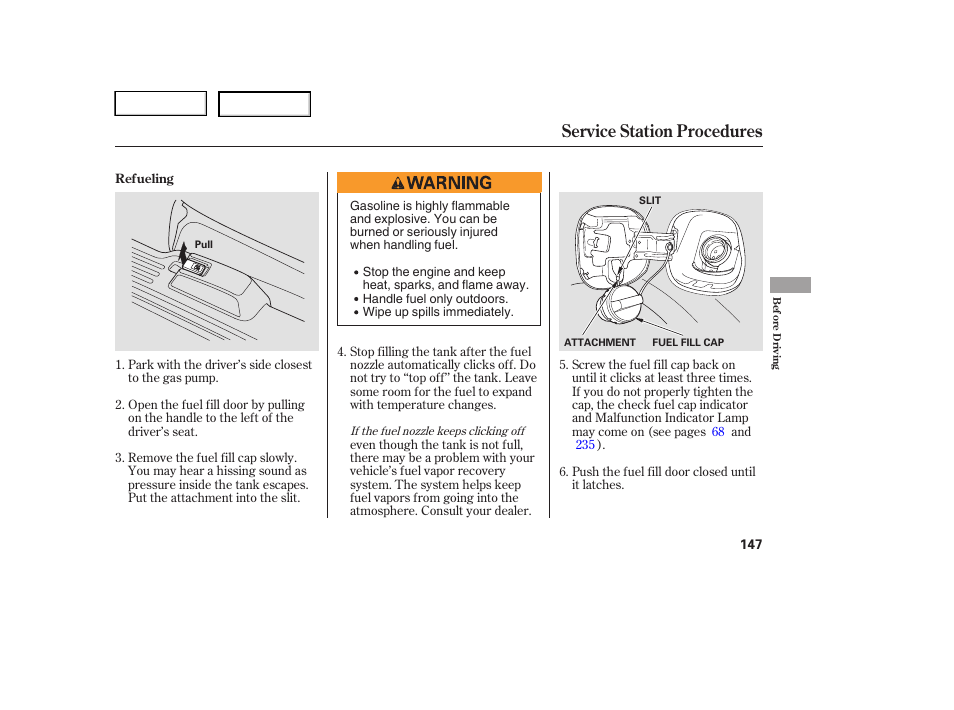 Service station procedures | HONDA 2005 Pilot - Owner's Manual User Manual | Page 149 / 273