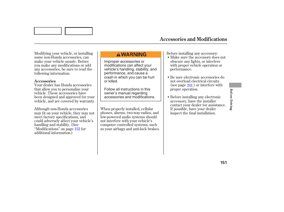 Accessories and modifications | HONDA 2005 Pilot - Owner's Manual User Manual | Page 153 / 273