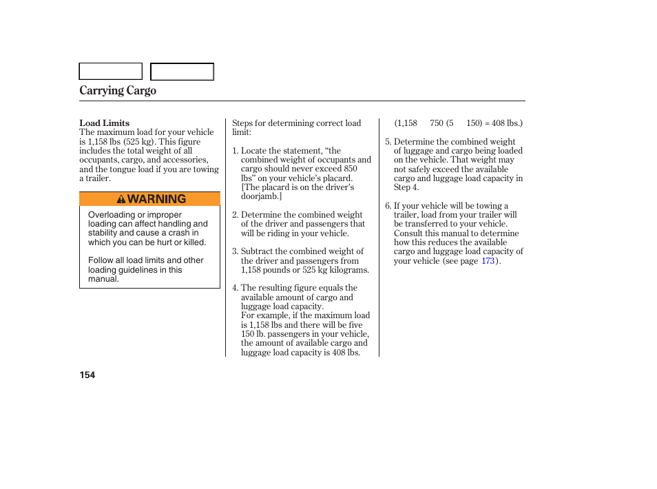 Carrying cargo | HONDA 2005 Pilot - Owner's Manual User Manual | Page 156 / 273