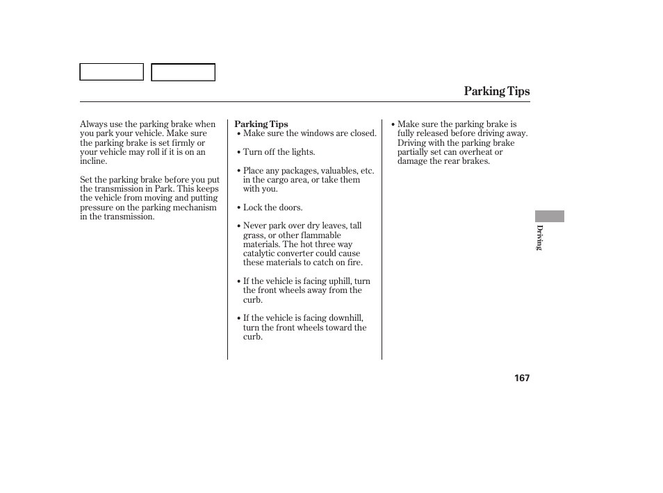 Parking tips | HONDA 2005 Pilot - Owner's Manual User Manual | Page 169 / 273