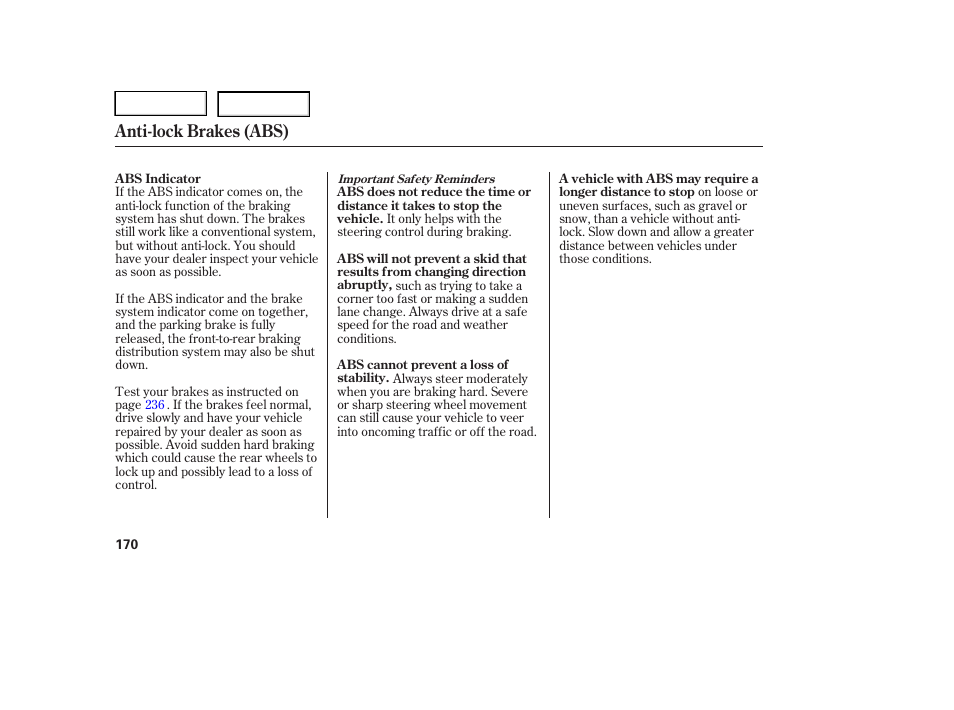 Anti-lock brakes (abs) | HONDA 2005 Pilot - Owner's Manual User Manual | Page 172 / 273