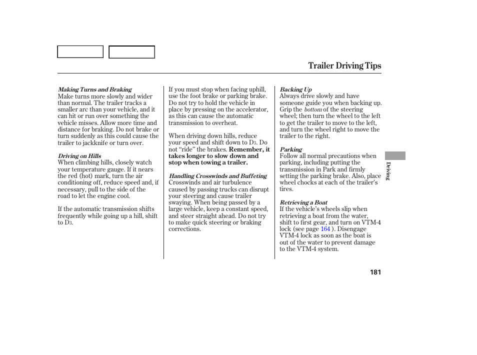 Trailer driving tips | HONDA 2005 Pilot - Owner's Manual User Manual | Page 183 / 273