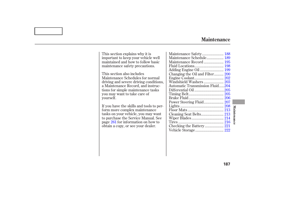 Maintenance | HONDA 2005 Pilot - Owner's Manual User Manual | Page 189 / 273