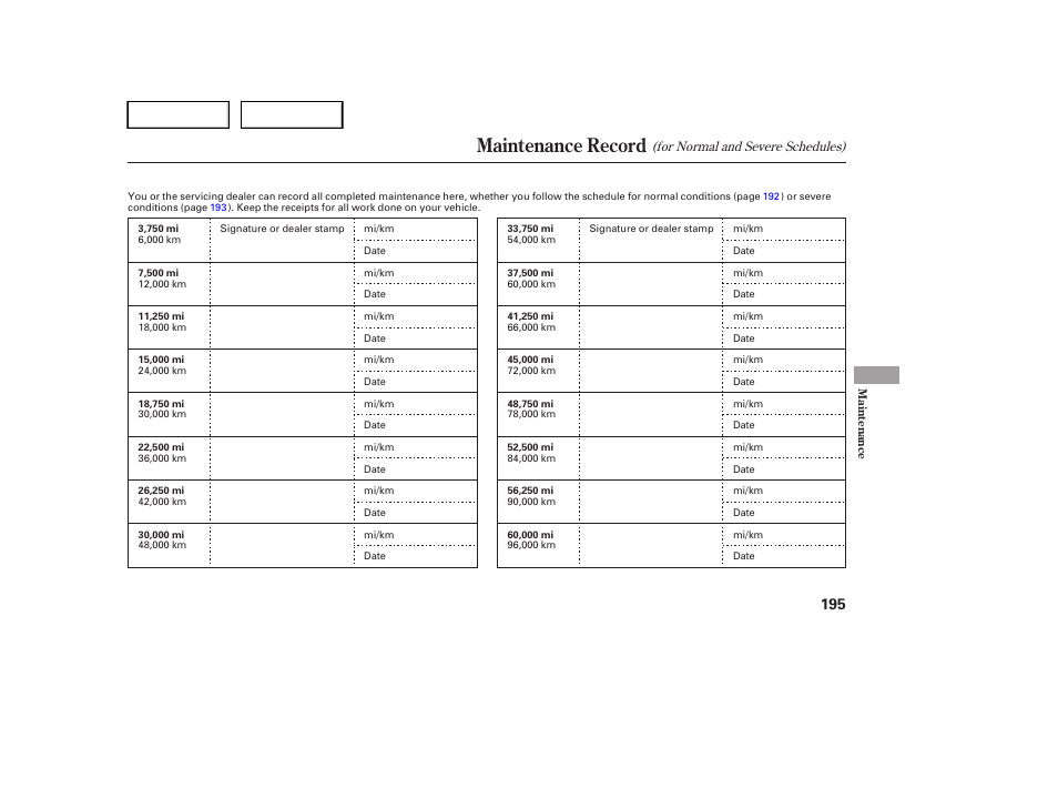 Maintenance record | HONDA 2005 Pilot - Owner's Manual User Manual | Page 197 / 273