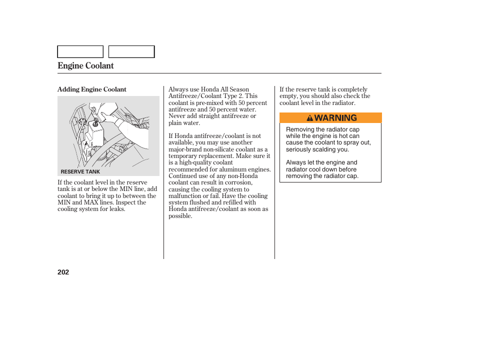 Engine coolant | HONDA 2005 Pilot - Owner's Manual User Manual | Page 204 / 273