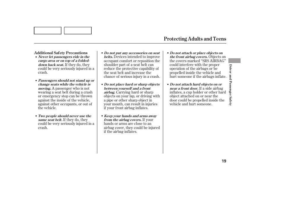 Protecting adults and teens | HONDA 2005 Pilot - Owner's Manual User Manual | Page 21 / 273