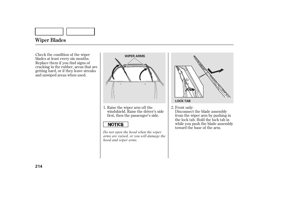 Wiper blades | HONDA 2005 Pilot - Owner's Manual User Manual | Page 216 / 273