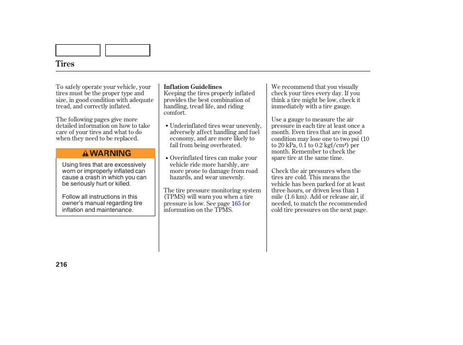 Tires | HONDA 2005 Pilot - Owner's Manual User Manual | Page 218 / 273