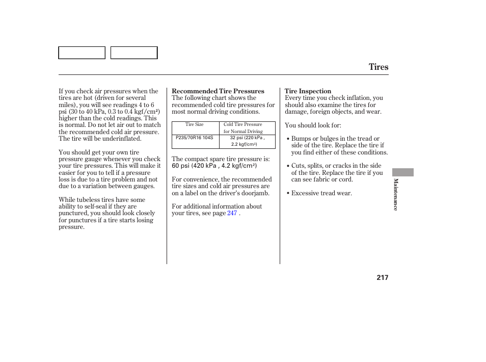 Tires | HONDA 2005 Pilot - Owner's Manual User Manual | Page 219 / 273