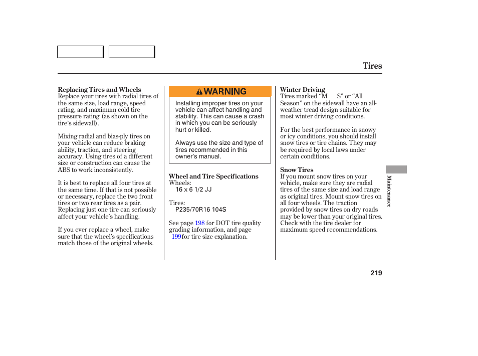 Tires | HONDA 2005 Pilot - Owner's Manual User Manual | Page 221 / 273