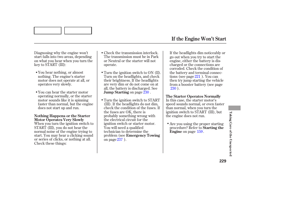 If the engine won’t start | HONDA 2005 Pilot - Owner's Manual User Manual | Page 231 / 273