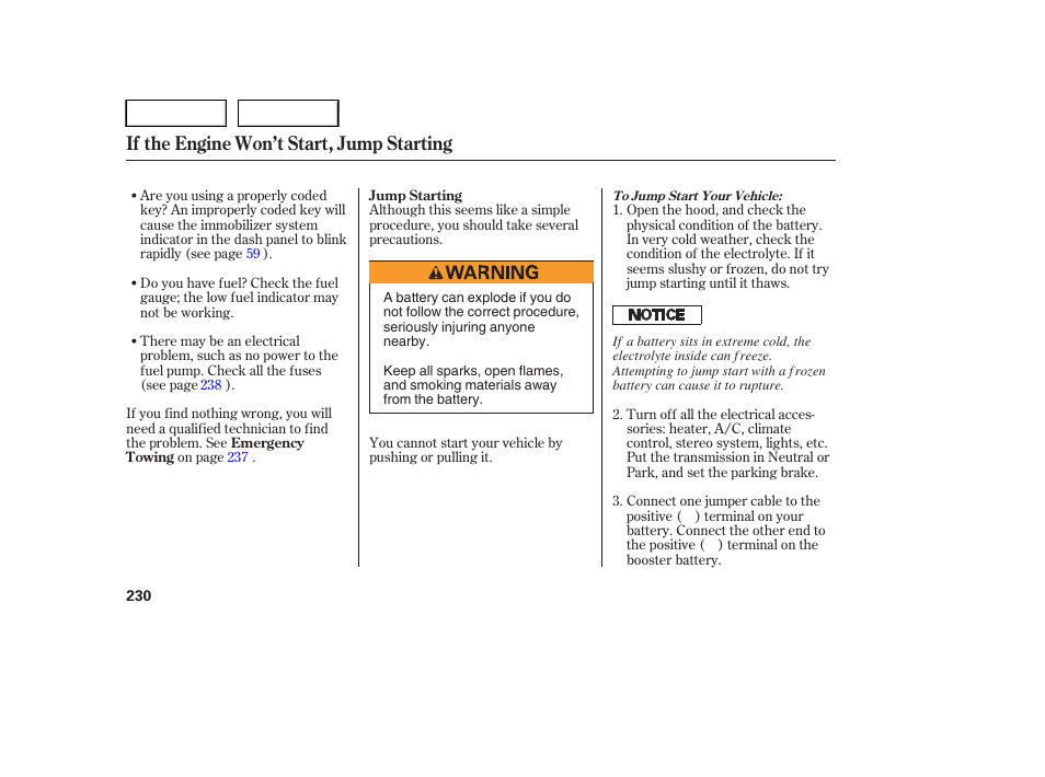 If the engine won’t start, jump starting | HONDA 2005 Pilot - Owner's Manual User Manual | Page 232 / 273