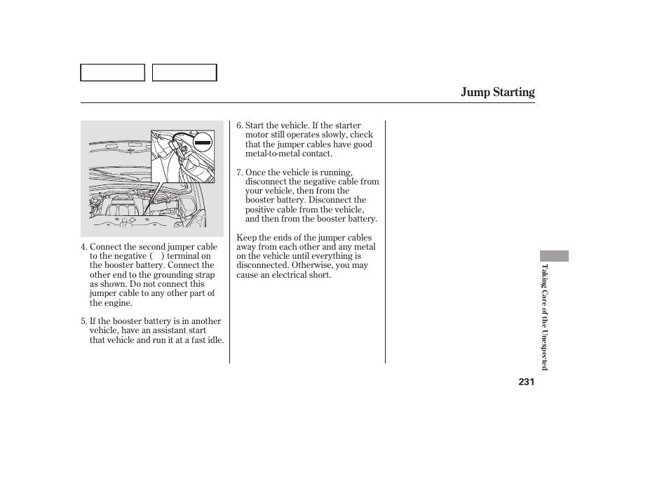 Jump starting | HONDA 2005 Pilot - Owner's Manual User Manual | Page 233 / 273