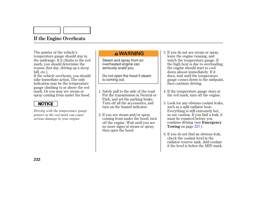 If the engine overheats | HONDA 2005 Pilot - Owner's Manual User Manual | Page 234 / 273