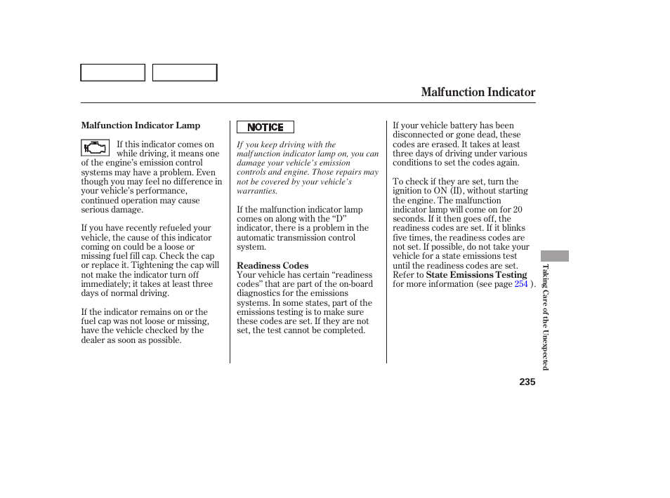 Malfunction indicator | HONDA 2005 Pilot - Owner's Manual User Manual | Page 237 / 273