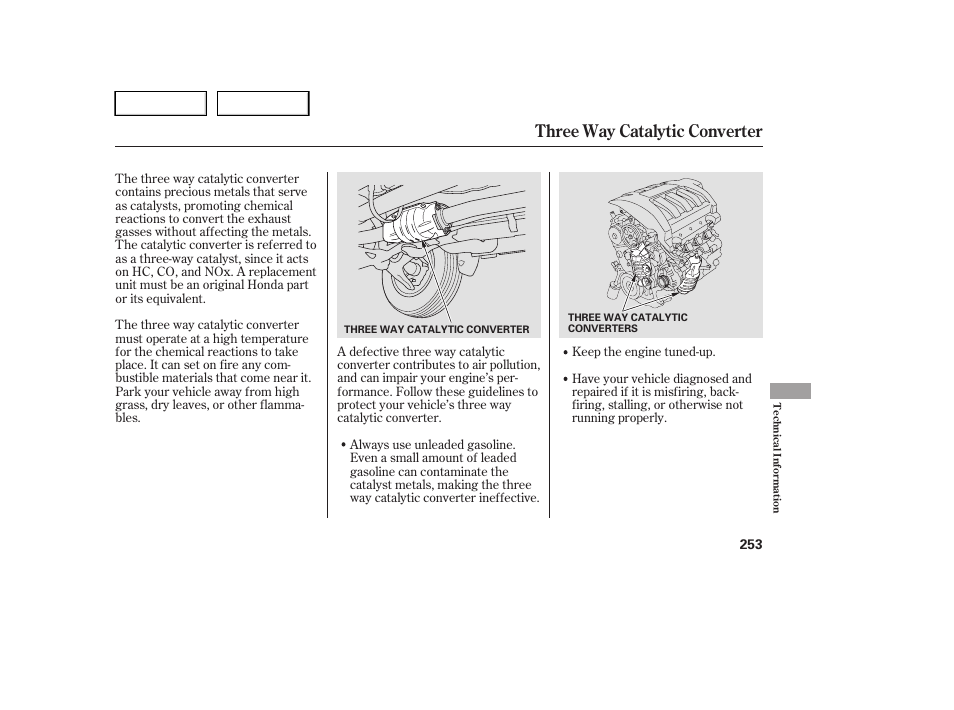 Three way catalytic converter | HONDA 2005 Pilot - Owner's Manual User Manual | Page 255 / 273