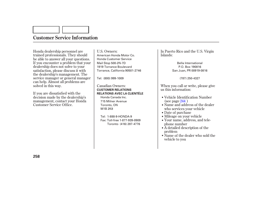 Customer service information | HONDA 2005 Pilot - Owner's Manual User Manual | Page 260 / 273