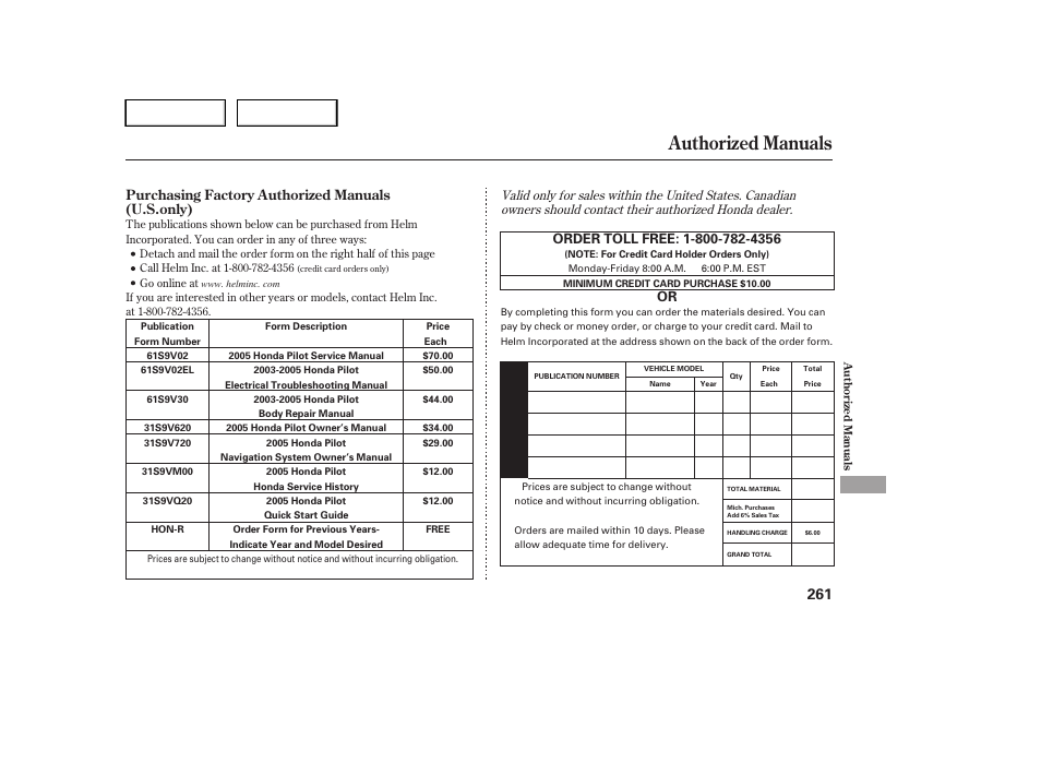 Authorized manuals | HONDA 2005 Pilot - Owner's Manual User Manual | Page 263 / 273