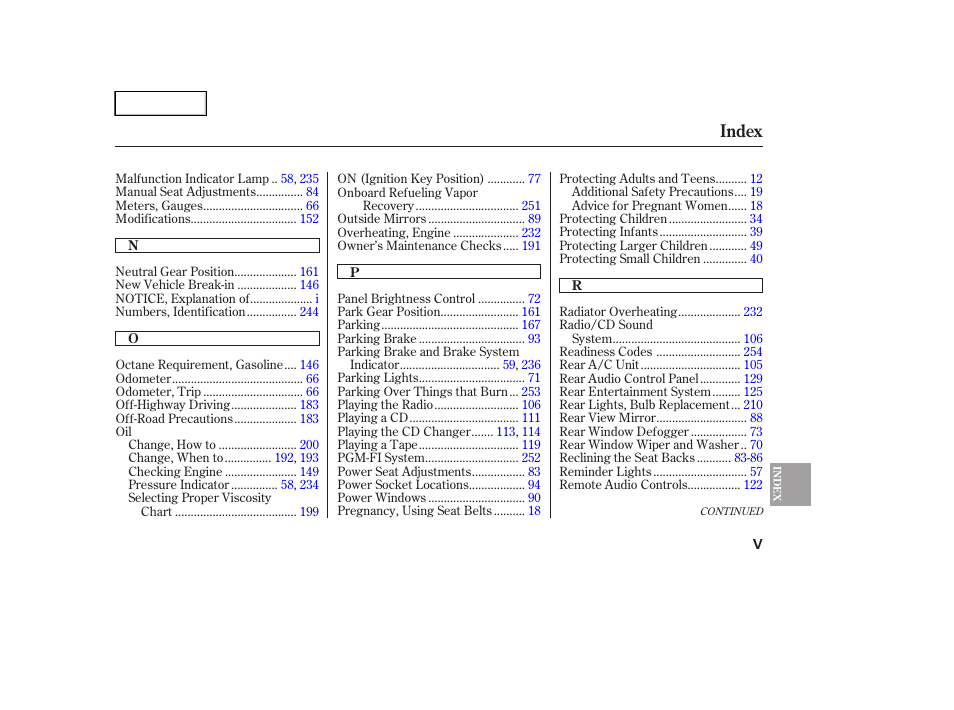 Index | HONDA 2005 Pilot - Owner's Manual User Manual | Page 269 / 273