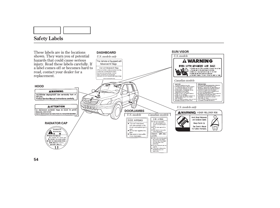 Safety labels | HONDA 2005 Pilot - Owner's Manual User Manual | Page 56 / 273