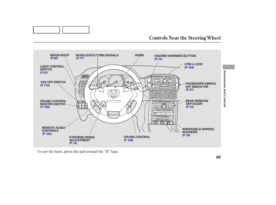 Controls near the steering wheel | HONDA 2005 Pilot - Owner's Manual User Manual | Page 71 / 273