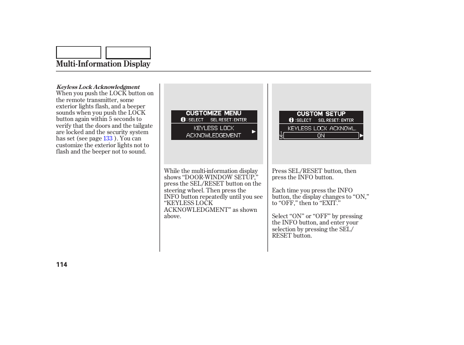 Multi-information display | HONDA 2005 Odyssey - Owner's Manual User Manual | Page 115 / 414