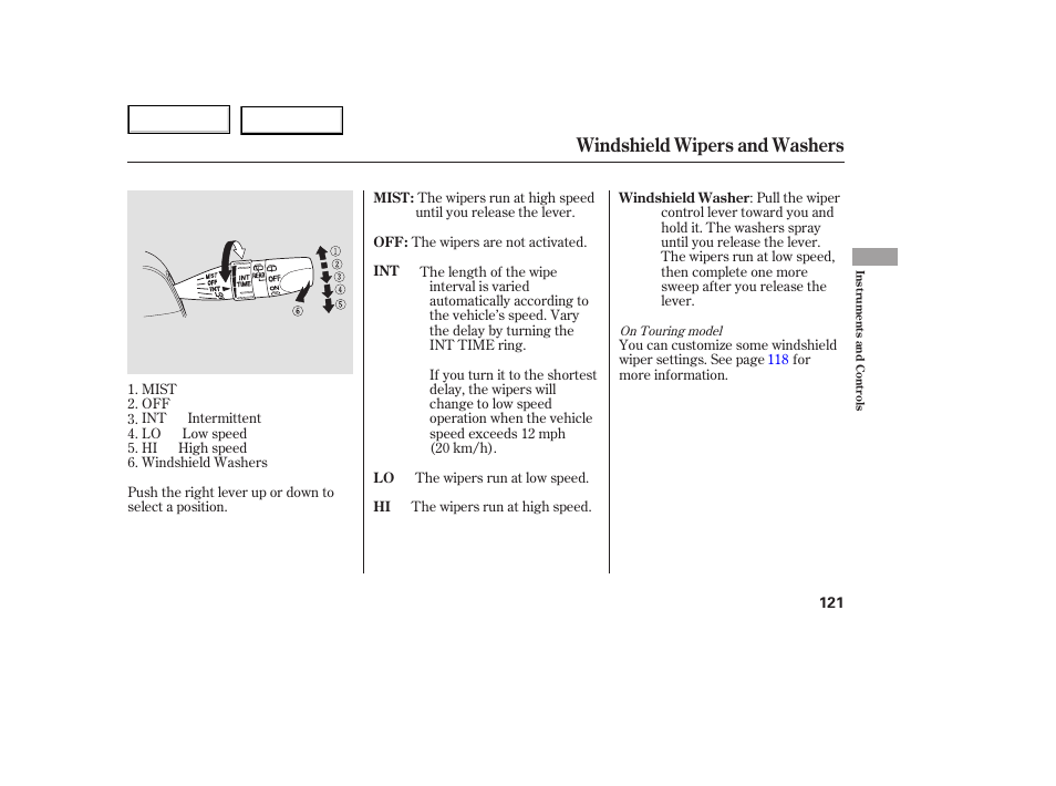 Windshield wipers and washers | HONDA 2005 Odyssey - Owner's Manual User Manual | Page 122 / 414