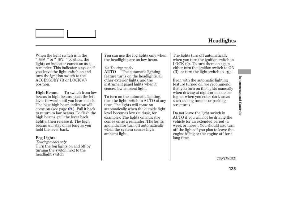 Headlights | HONDA 2005 Odyssey - Owner's Manual User Manual | Page 124 / 414