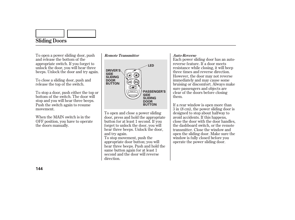 Sliding doors | HONDA 2005 Odyssey - Owner's Manual User Manual | Page 145 / 414