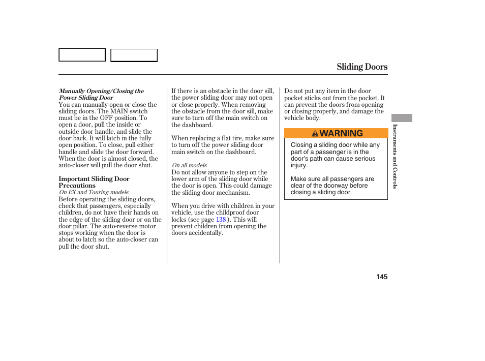 Sliding doors | HONDA 2005 Odyssey - Owner's Manual User Manual | Page 146 / 414