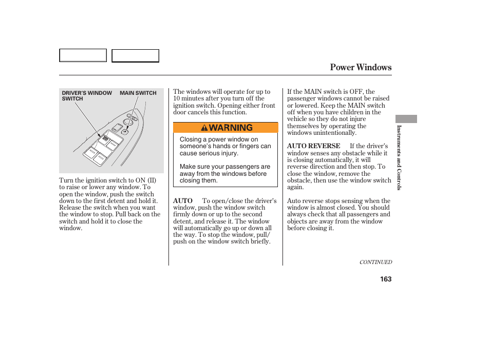 Power windows | HONDA 2005 Odyssey - Owner's Manual User Manual | Page 164 / 414