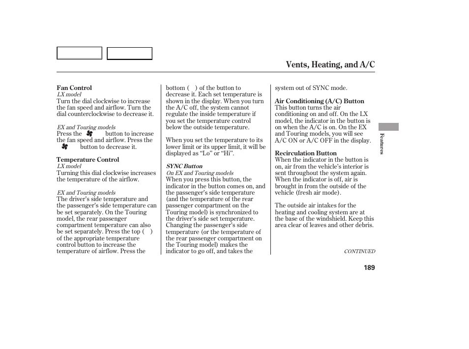 Vents, heating, and a/c | HONDA 2005 Odyssey - Owner's Manual User Manual | Page 190 / 414