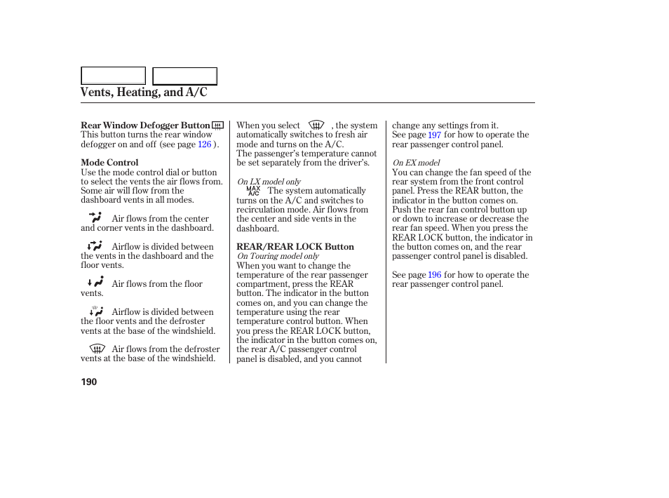 Vents, heating, and a/c | HONDA 2005 Odyssey - Owner's Manual User Manual | Page 191 / 414