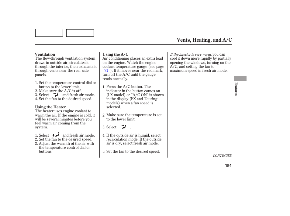 Vents, heating, and a/c | HONDA 2005 Odyssey - Owner's Manual User Manual | Page 192 / 414