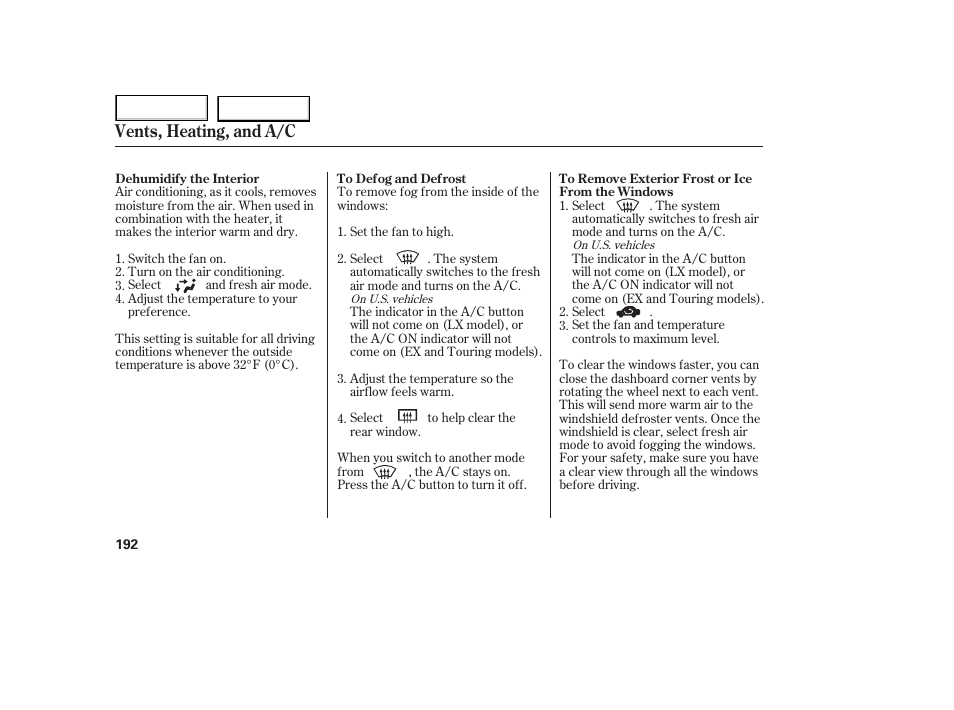 Vents, heating, and a/c | HONDA 2005 Odyssey - Owner's Manual User Manual | Page 193 / 414