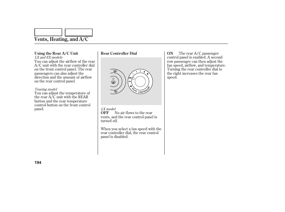 Vents, heating, and a/c | HONDA 2005 Odyssey - Owner's Manual User Manual | Page 195 / 414