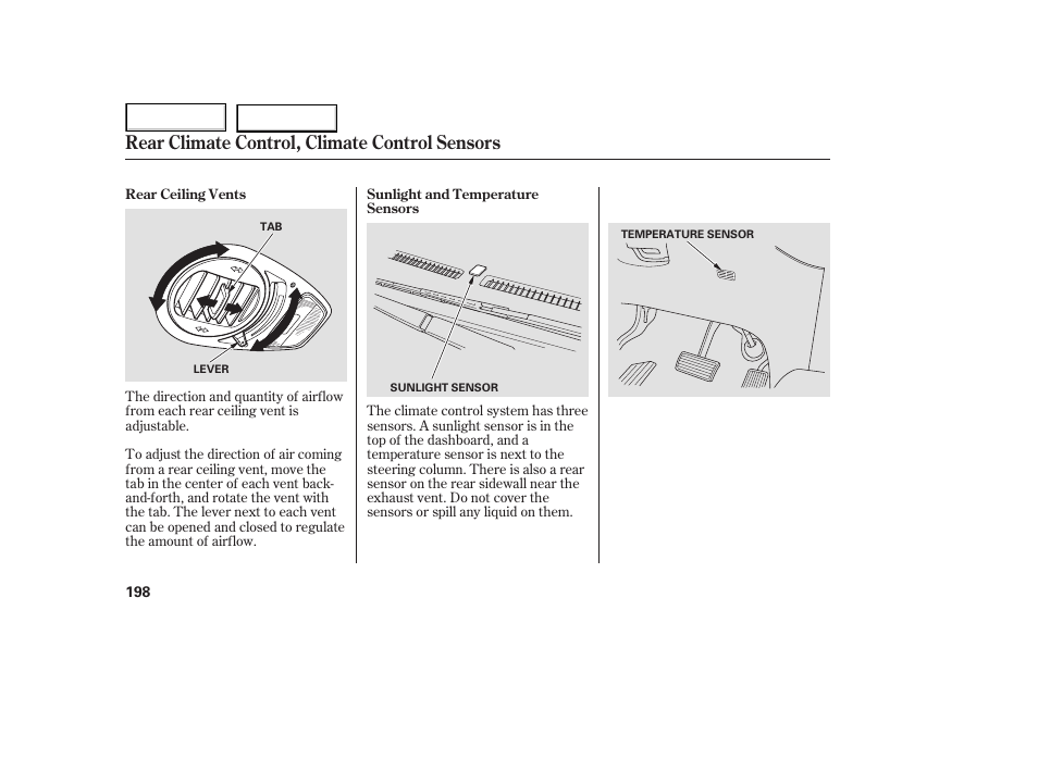 Rear climate control, climate control sensors | HONDA 2005 Odyssey - Owner's Manual User Manual | Page 199 / 414