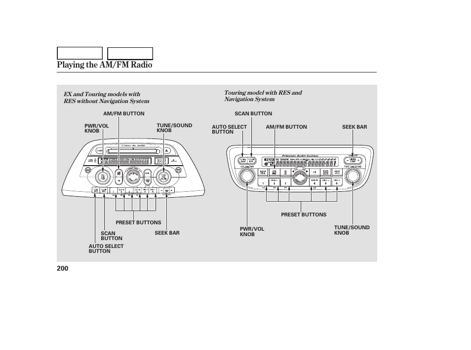 Playing the am/fm radio | HONDA 2005 Odyssey - Owner's Manual User Manual | Page 201 / 414