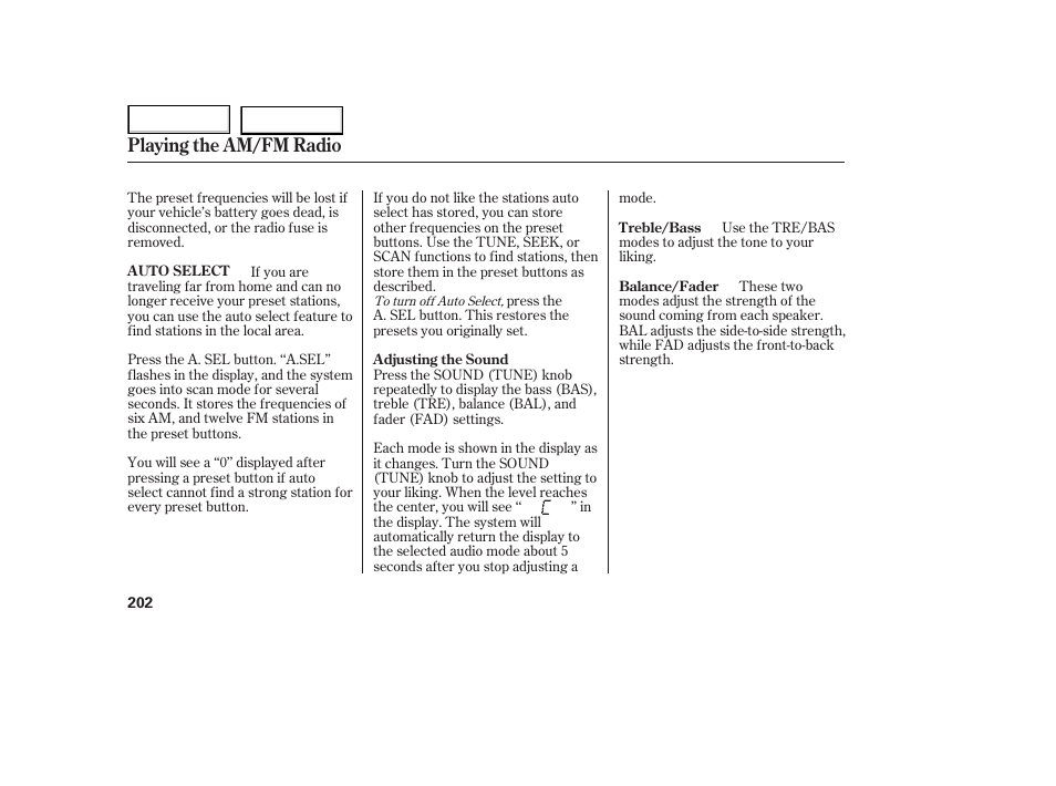 Playing the am/fm radio | HONDA 2005 Odyssey - Owner's Manual User Manual | Page 203 / 414