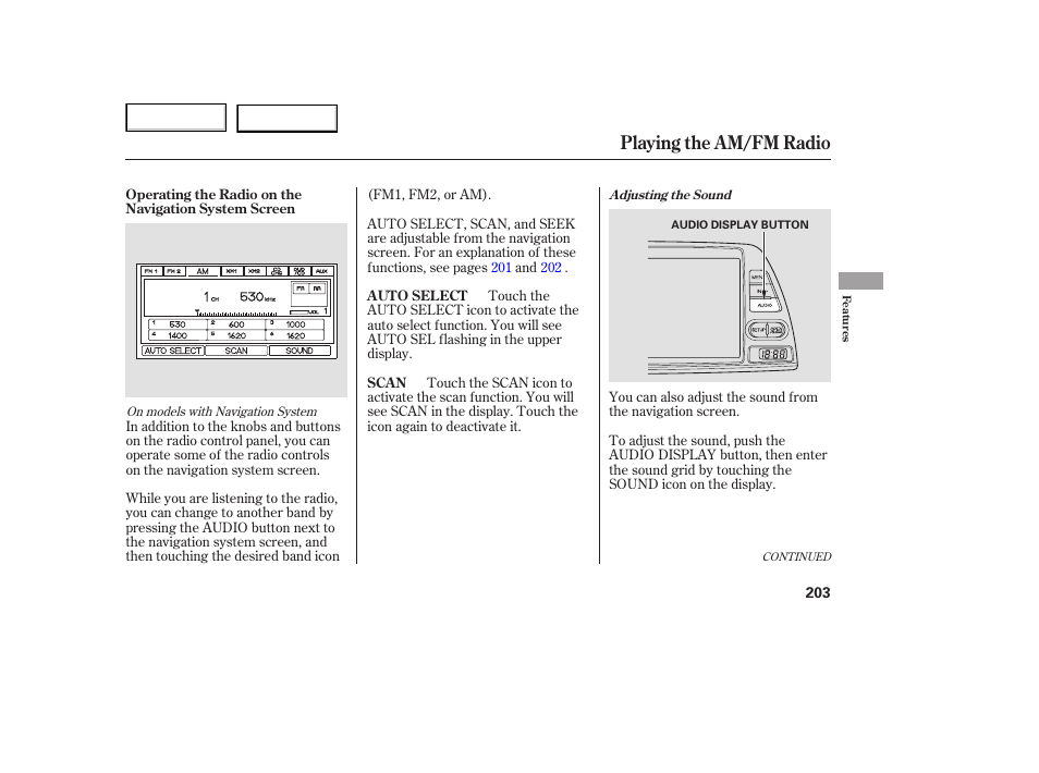 Playing the am/fm radio | HONDA 2005 Odyssey - Owner's Manual User Manual | Page 204 / 414