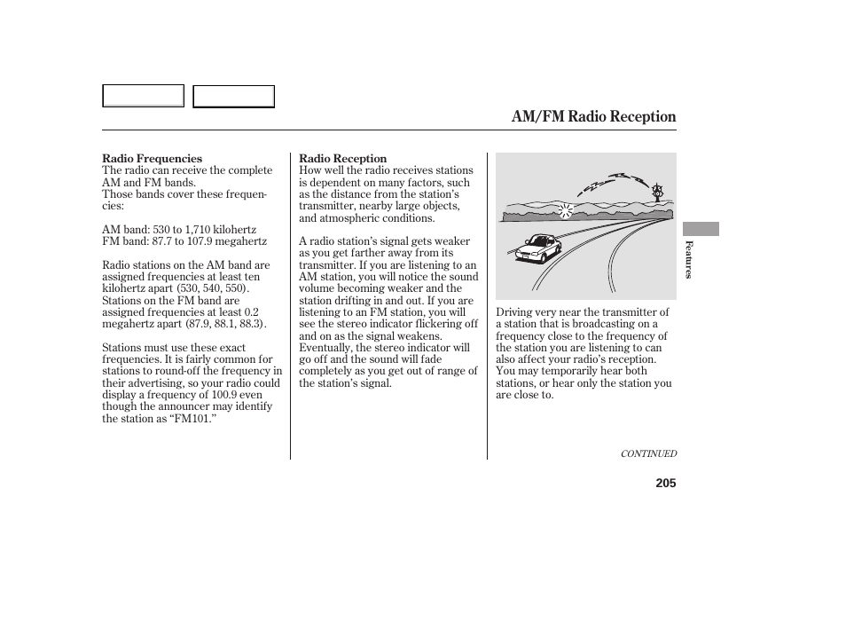 Am/fm radio reception | HONDA 2005 Odyssey - Owner's Manual User Manual | Page 206 / 414