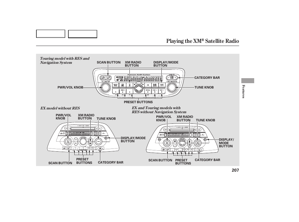 Playing the xm satellite radio | HONDA 2005 Odyssey - Owner's Manual User Manual | Page 208 / 414