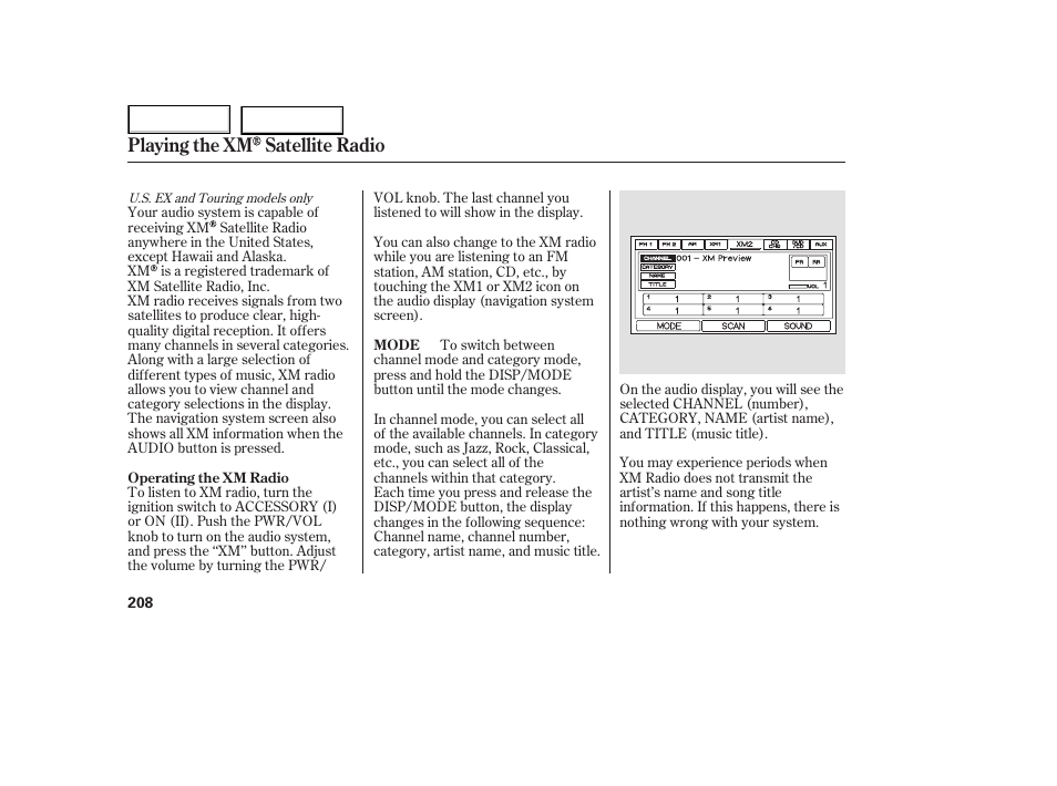 Playing the xm satellite radio | HONDA 2005 Odyssey - Owner's Manual User Manual | Page 209 / 414