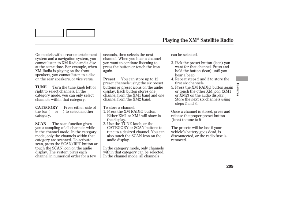 Playing the xm satellite radio | HONDA 2005 Odyssey - Owner's Manual User Manual | Page 210 / 414