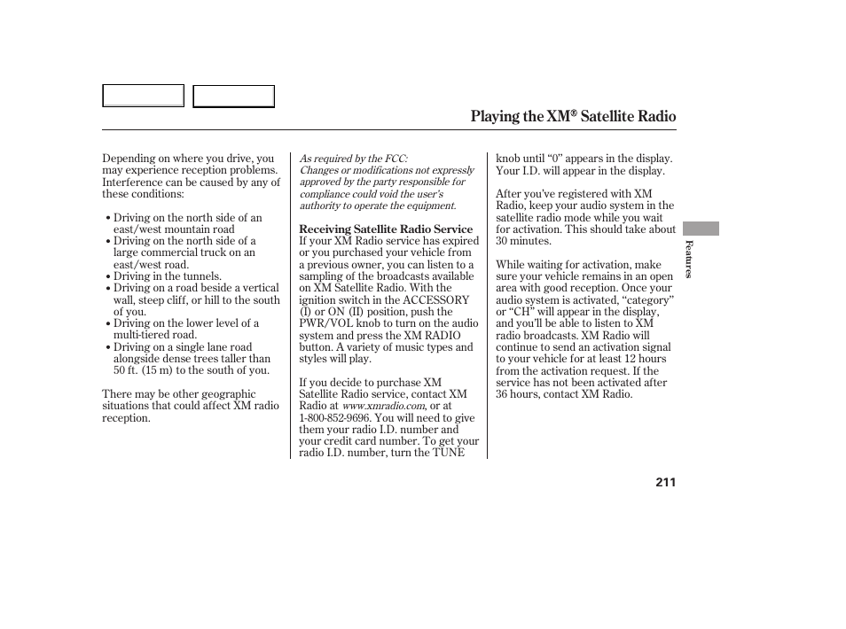 Playing the xm satellite radio | HONDA 2005 Odyssey - Owner's Manual User Manual | Page 212 / 414