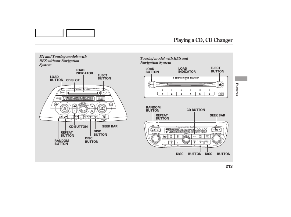 Playing a cd, cd changer | HONDA 2005 Odyssey - Owner's Manual User Manual | Page 214 / 414