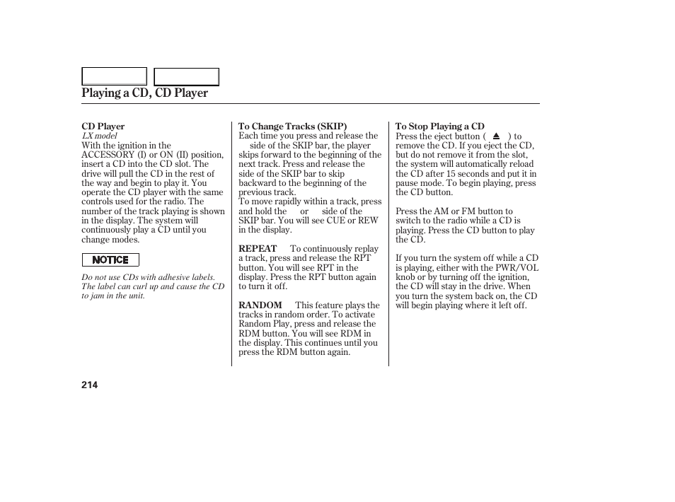 Playing a cd, cd player | HONDA 2005 Odyssey - Owner's Manual User Manual | Page 215 / 414