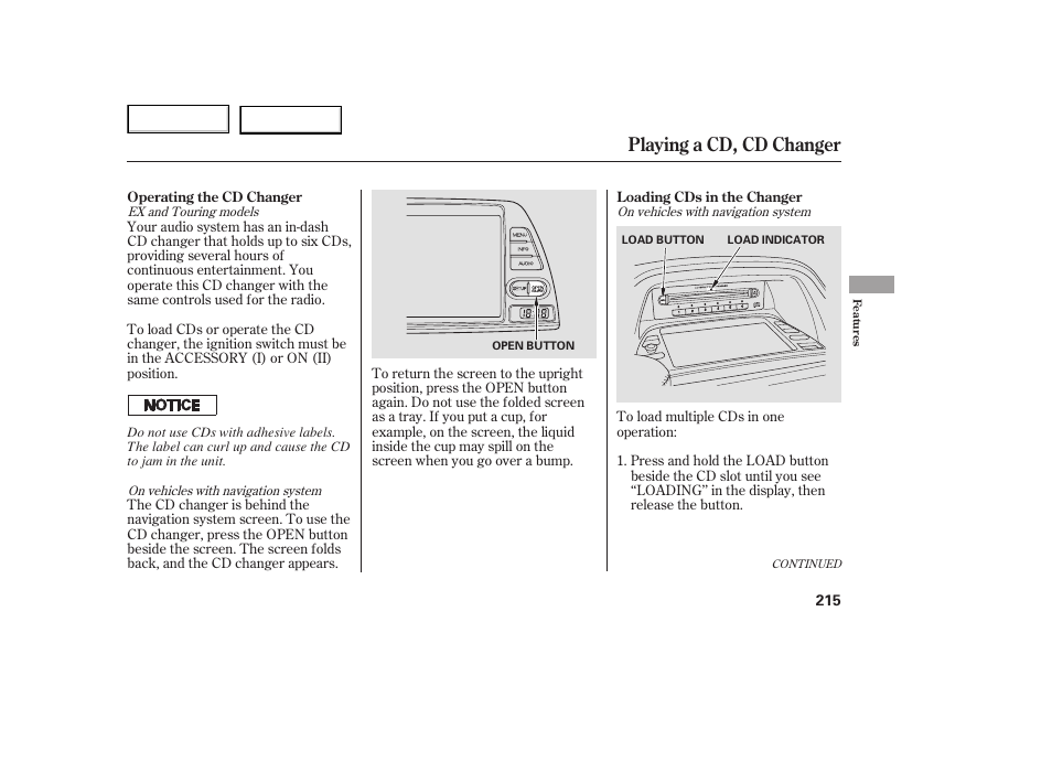 Playing a cd, cd changer | HONDA 2005 Odyssey - Owner's Manual User Manual | Page 216 / 414