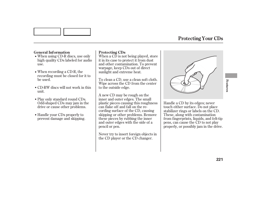 Protecting your cds | HONDA 2005 Odyssey - Owner's Manual User Manual | Page 222 / 414